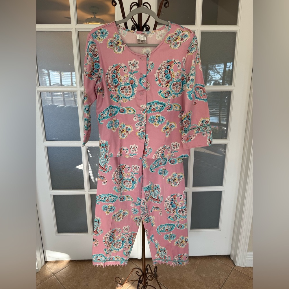 Vintage F.L. Malik Pink Floral 2pc Capri Set M Cottagecore Kentucky Derby Outfit